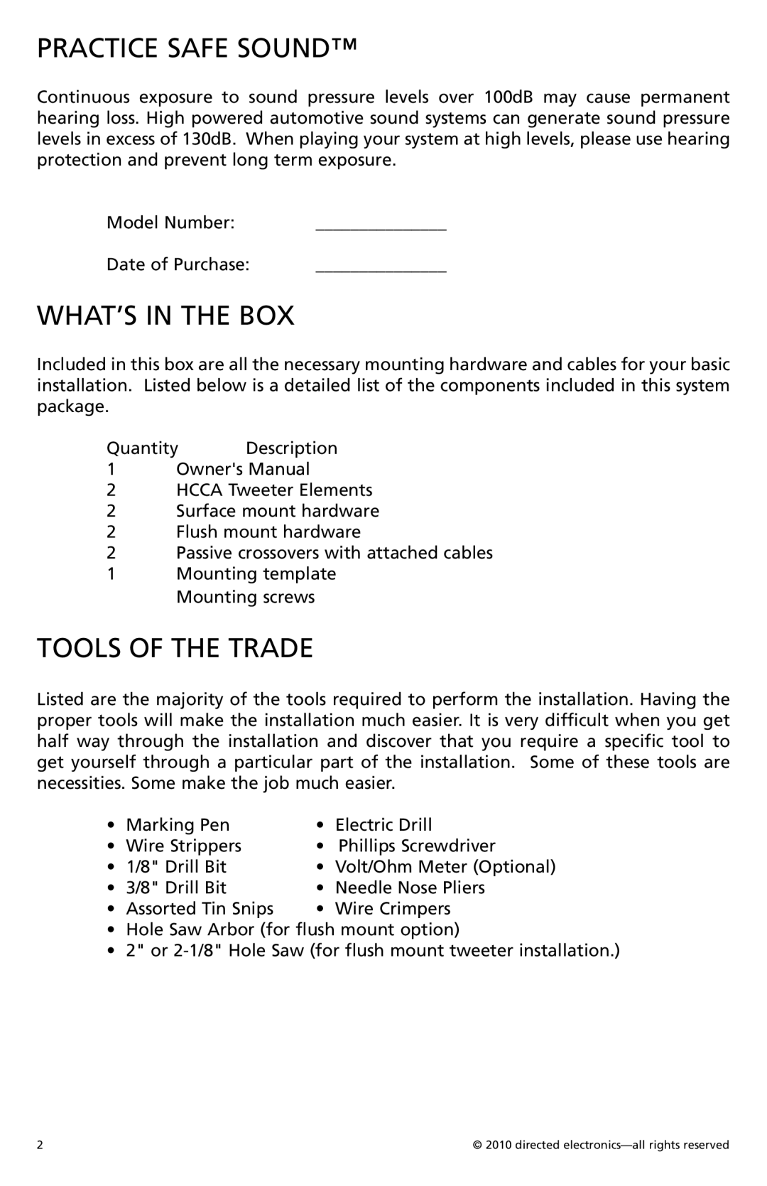 Orion Car Audio HCCA1002 owner manual Practice Safe Sound, Tools Of The Trade 